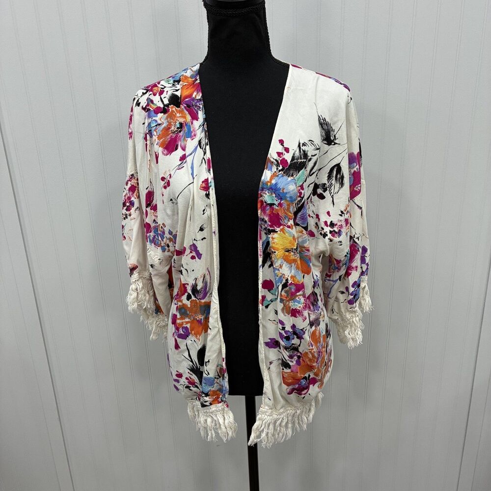 Umgee Women's Med White Floral Fringe Kimono Cardigan Boho Watercolor Open Front